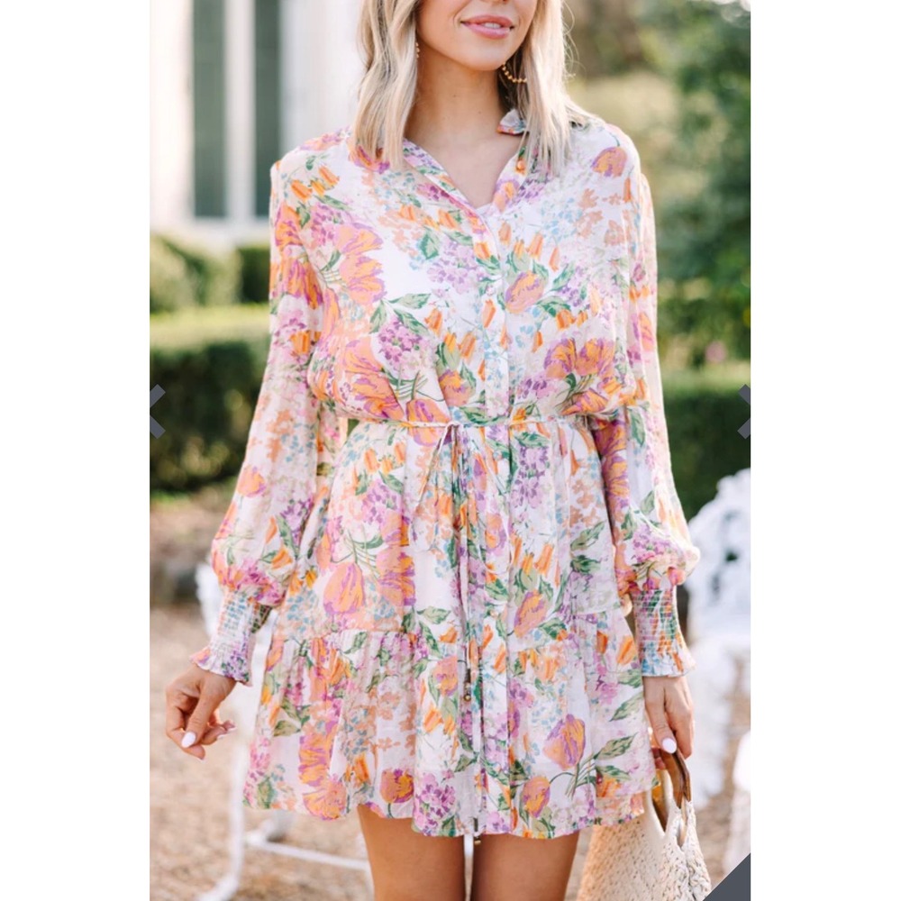 Fate Floral Mini Shirt Dress Orange Purple Button Front Smocked Cuff Medium